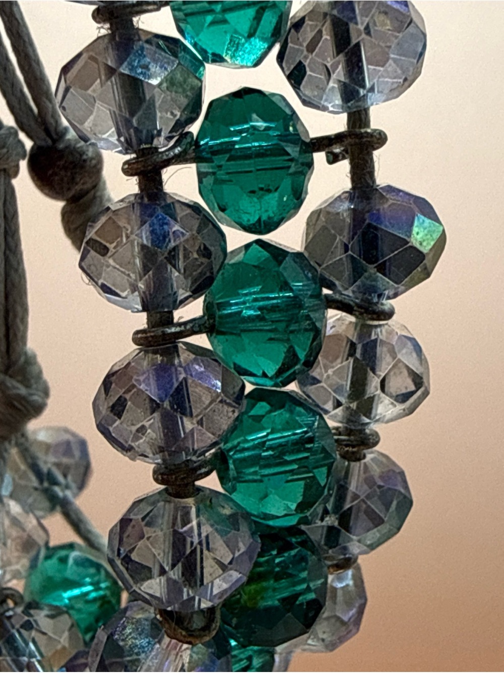 Teal & Smokey Gray Colored 3 Strand Crystal Beaded Slide Bracelet Cord 6.5 - 10”